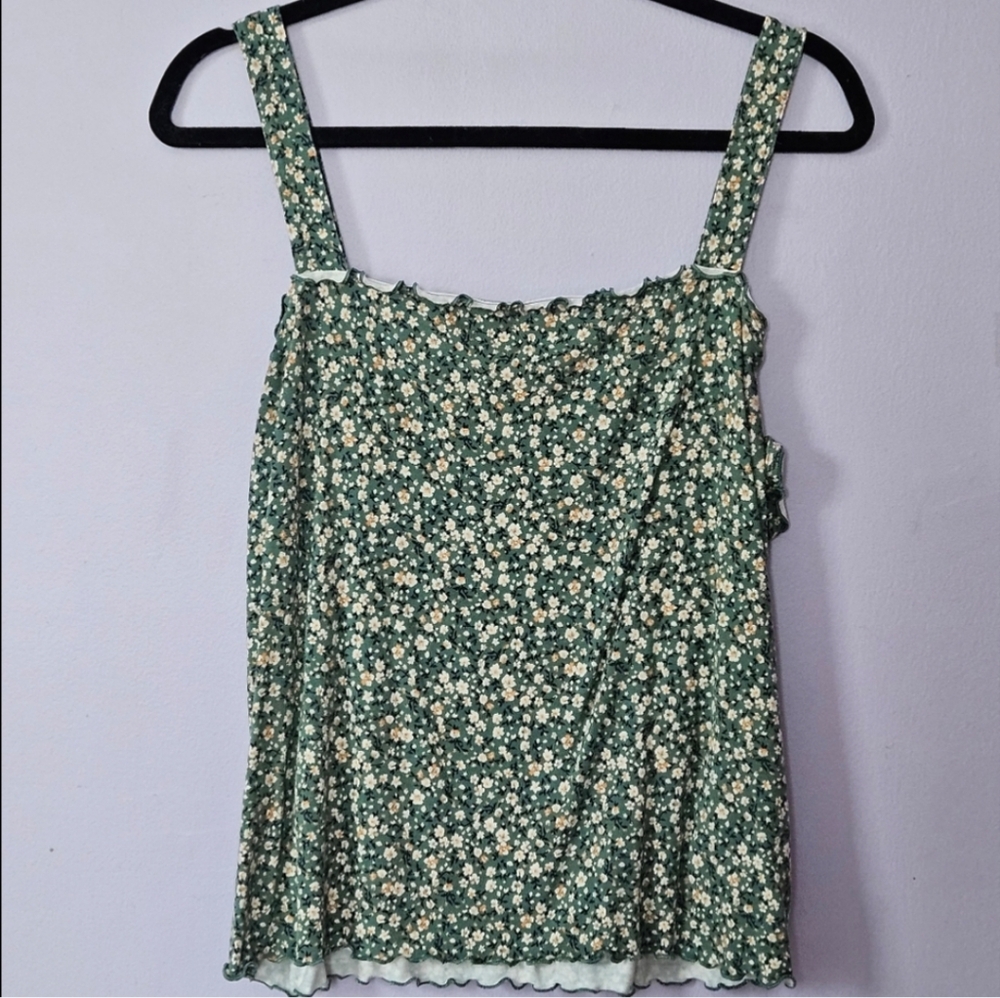 American Eagle Green Floral Lettuce Trim Tank Top, Size XL